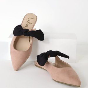 MACEY BLUSH SUEDE POINTED TOE BOW MULES
